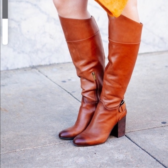 Vince Camuto cognac leather tall boots chunky heels 6.5 M Sz 37 - Picture 1 of 1
